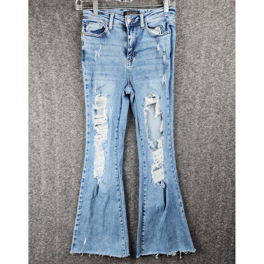 Judy Blue Jeans Womens 3 Flare Fit Light Blue Distressed Shredded Raw Hem EUC